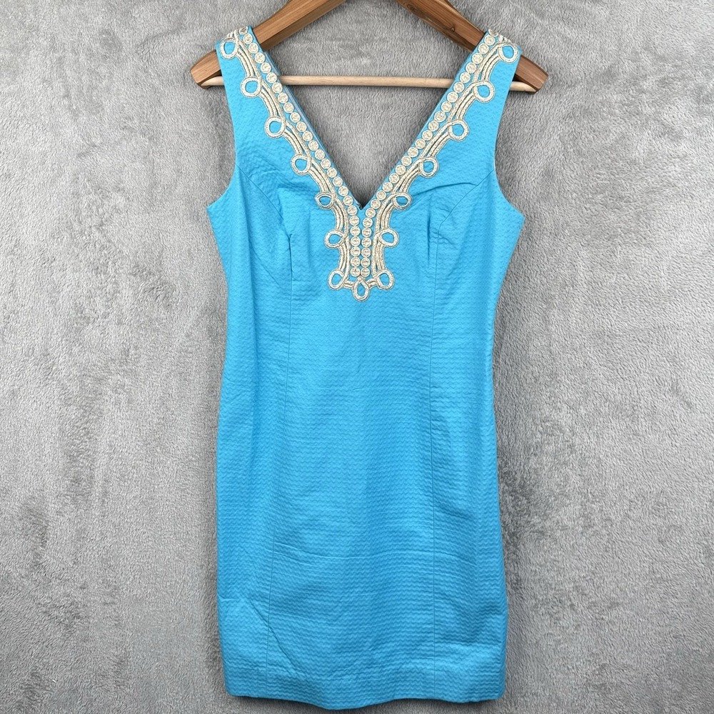 Lilly Pulitzer Bentley Shift Dress Size 6 Turquoise Blue Gold Embroidered Party